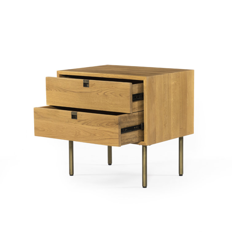 Natural Oak 2-Drawer Nightstand with Brass Hardware