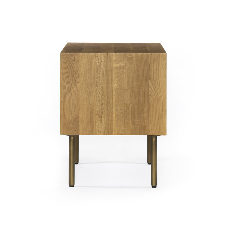 Natural Oak 2-Drawer Nightstand with Brass Hardware