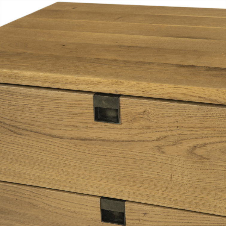 Natural Oak 2-Drawer Nightstand with Brass Hardware
