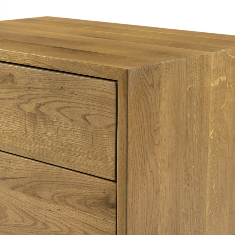 Natural Oak 2-Drawer Nightstand with Brass Hardware