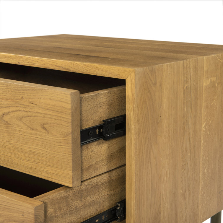 Natural Oak 2-Drawer Nightstand with Brass Hardware
