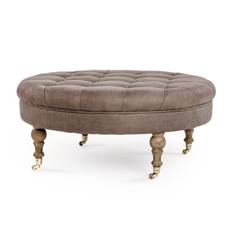 Aubergine Linen Tufted Round Ottoman with Casters