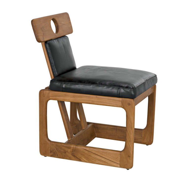 Mid-Century Modern Black Leather Teak Upholstered Side Chair