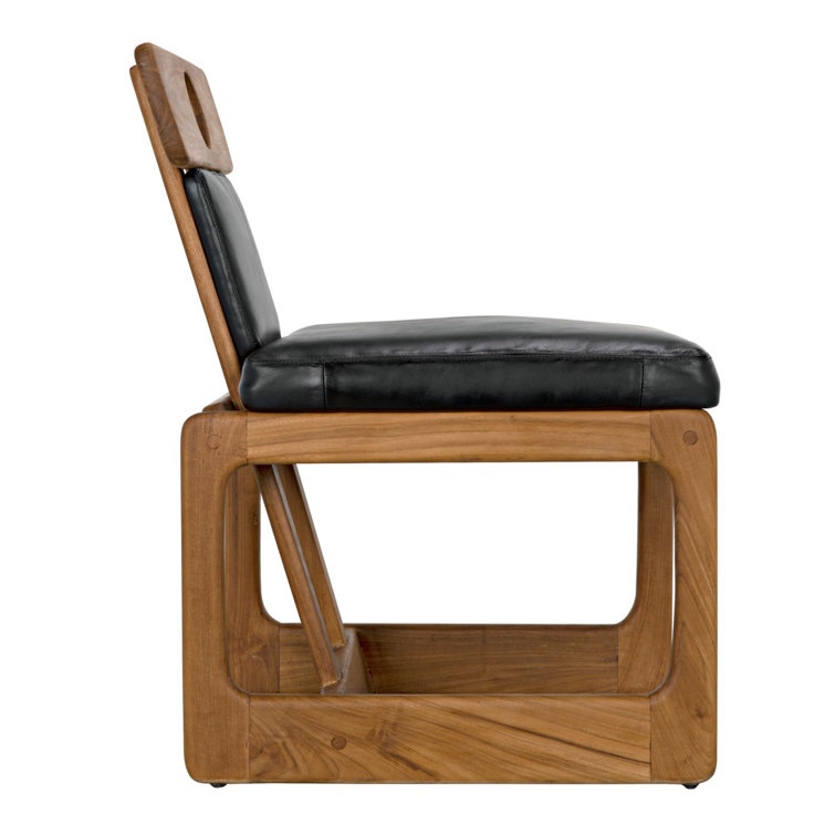 Mid-Century Modern Black Leather Teak Upholstered Side Chair