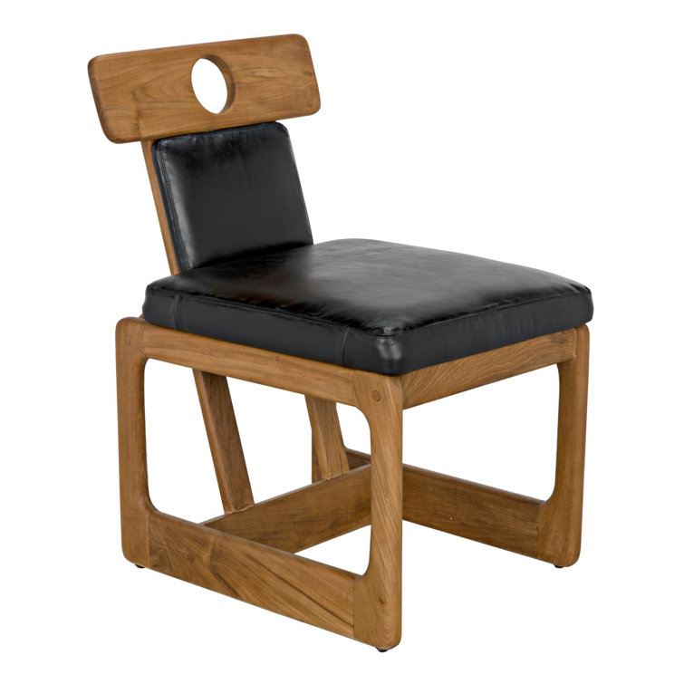 Mid-Century Modern Black Leather Teak Upholstered Side Chair