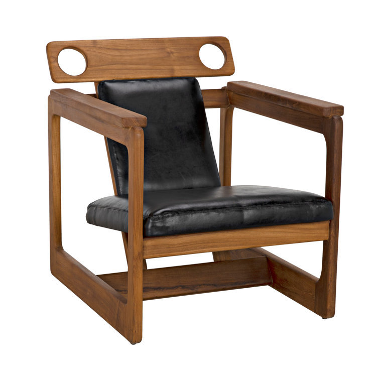 Handcrafted Black Leather Teak Armchair