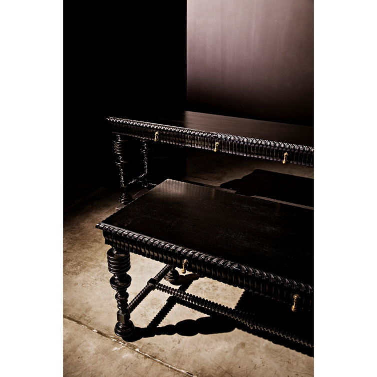Elegant Portuguese 60'' Hand Rubbed Black Solid Wood Writing Desk with Drawer