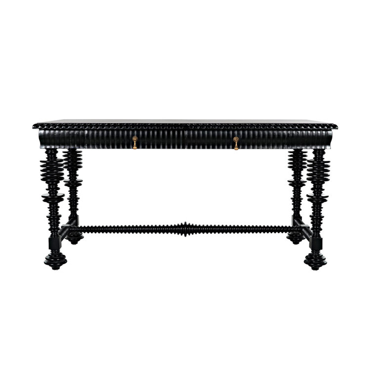 Elegant Portuguese 60'' Hand Rubbed Black Solid Wood Writing Desk with Drawer