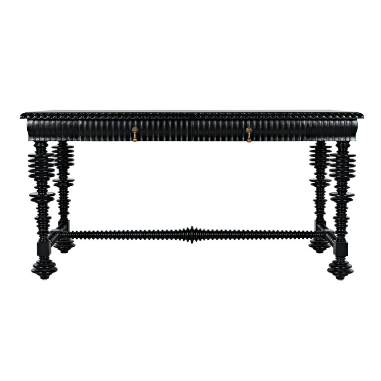 Elegant Portuguese 60'' Hand Rubbed Black Solid Wood Writing Desk with Drawer