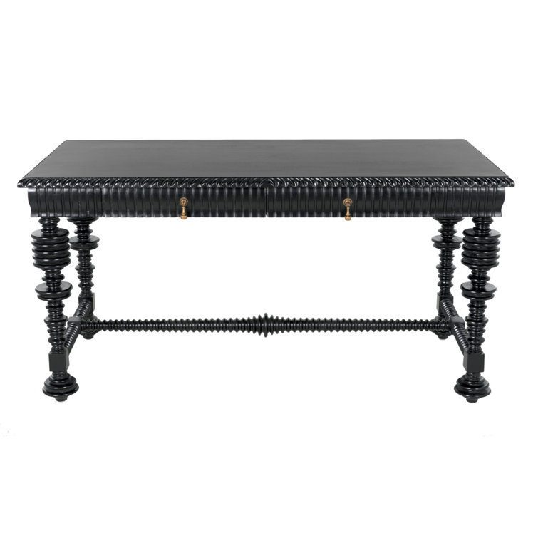 Elegant Portuguese 60'' Hand Rubbed Black Solid Wood Writing Desk with Drawer
