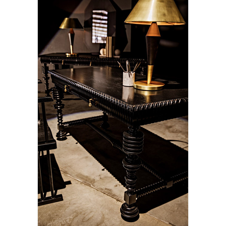 Elegant Portuguese 60'' Hand Rubbed Black Solid Wood Writing Desk with Drawer