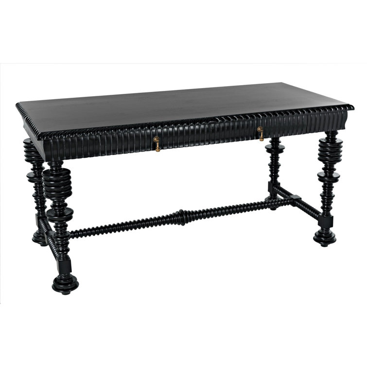 Elegant Portuguese 60'' Hand Rubbed Black Solid Wood Writing Desk with Drawer