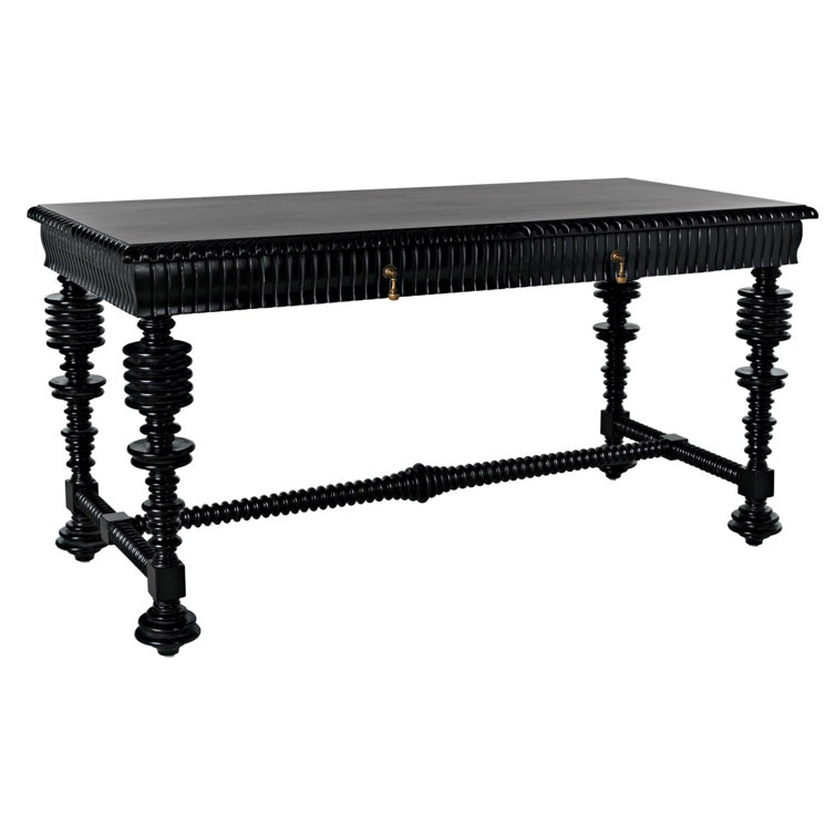 Elegant Portuguese 60'' Hand Rubbed Black Solid Wood Writing Desk with Drawer
