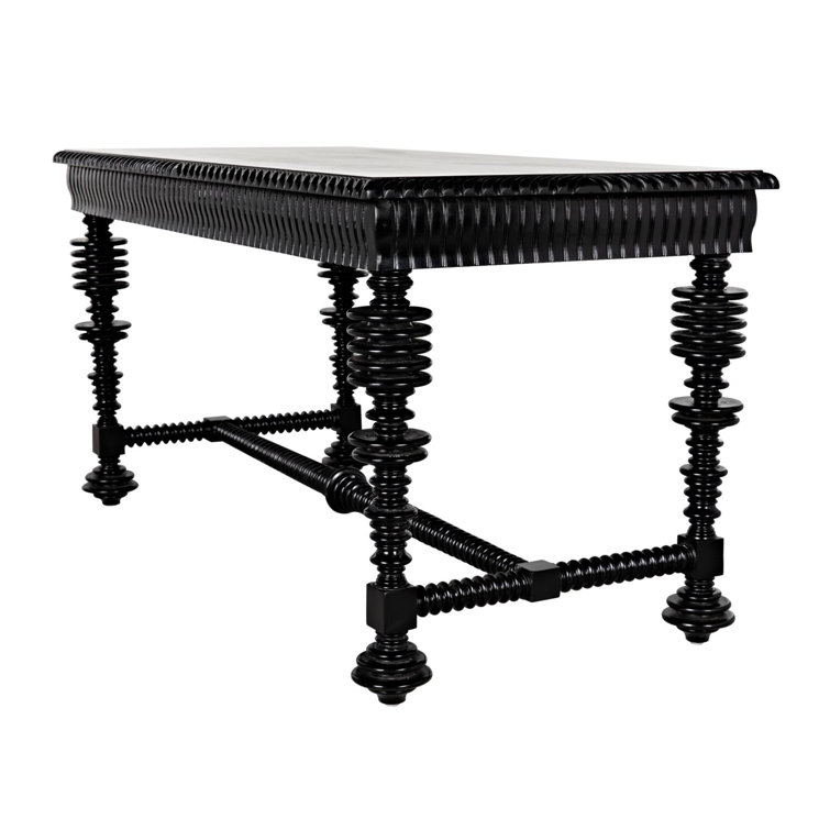 Elegant Portuguese 60'' Hand Rubbed Black Solid Wood Writing Desk with Drawer