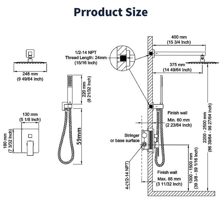 Matte Black Wall Mounted Rainfall Shower System with Handheld