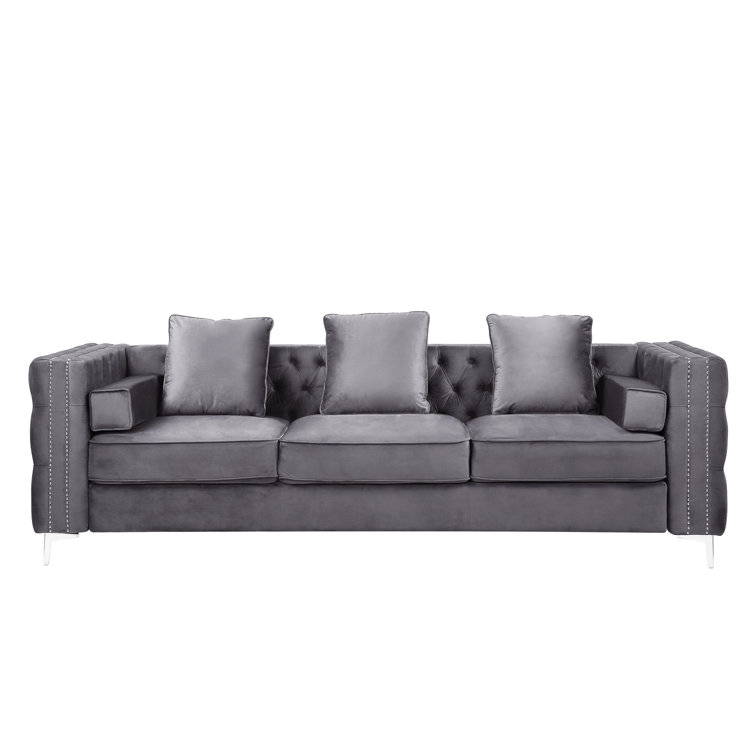Elegant Gray Velvet Tufted Sofa with Ottoman and Nailhead Trim