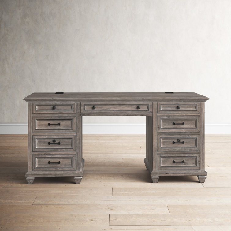Transitional Dove Tail Grey Executive Desk with Power Outlet and Filing Cabinet