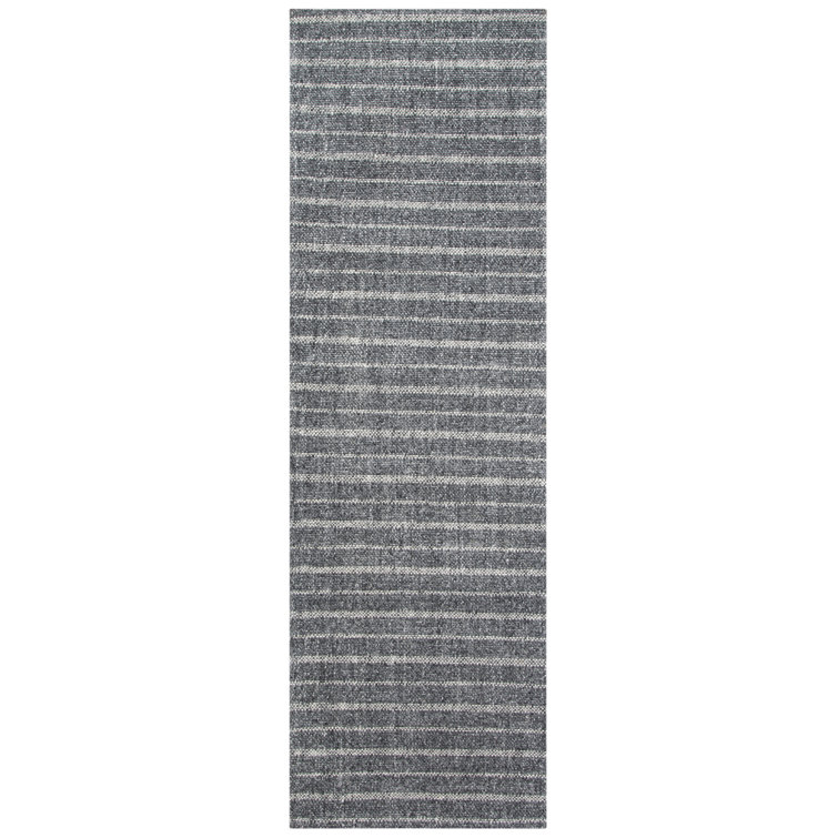 Charcoal and Gray Handwoven Wool and Viscose Striped Runner Rug