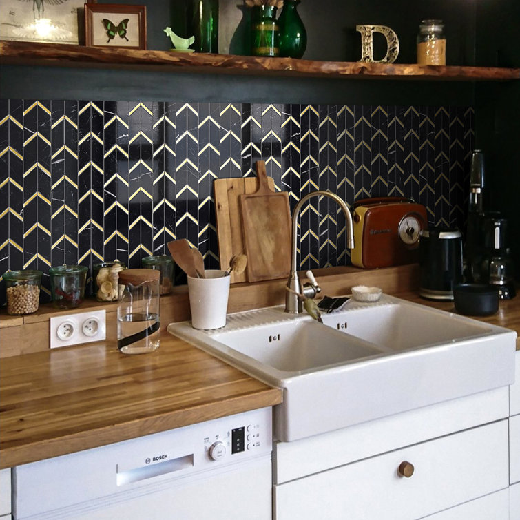 Black and Gold Chevron Marble Mosaic Wall Tile