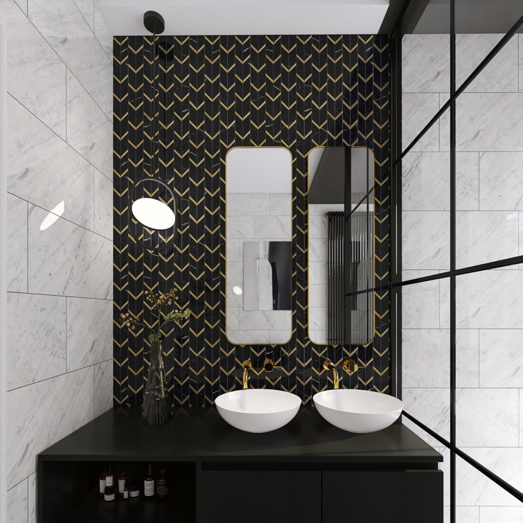 Black and Gold Chevron Marble Mosaic Wall Tile
