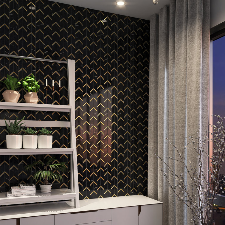 Black and Gold Chevron Marble Mosaic Wall Tile