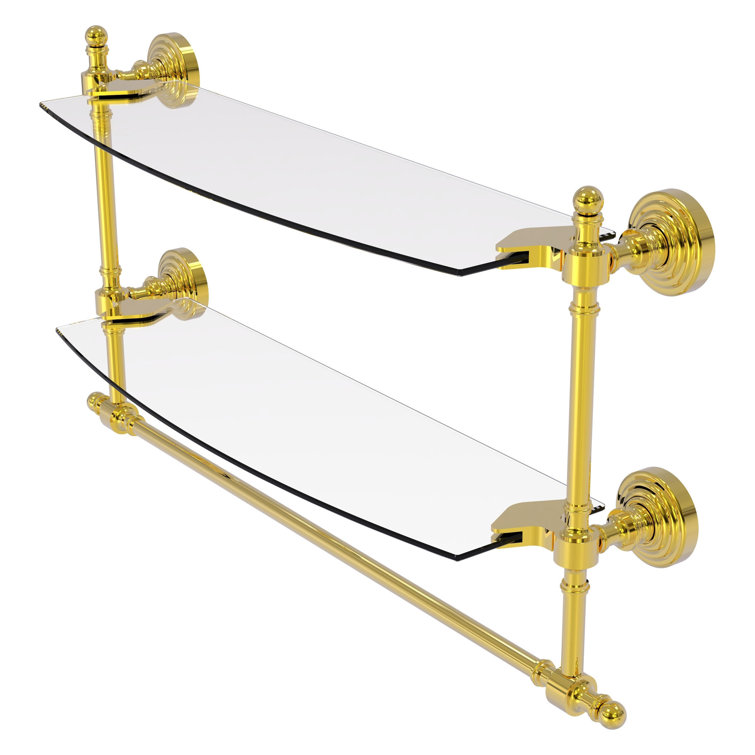 Polished Brass and Glass Two-Tier Wall Shelf with Towel Bar