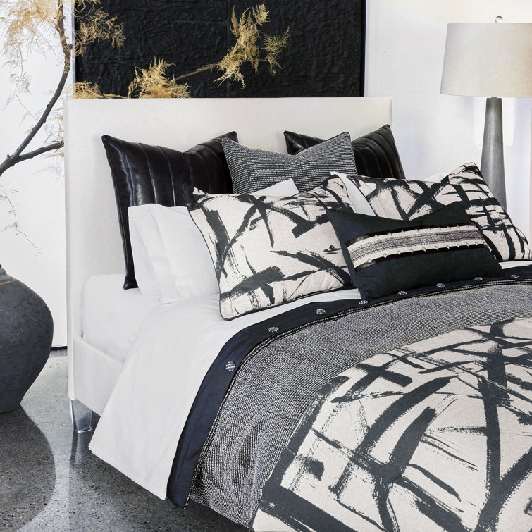 Standard Black and White Linen Blend Embroidered Sham