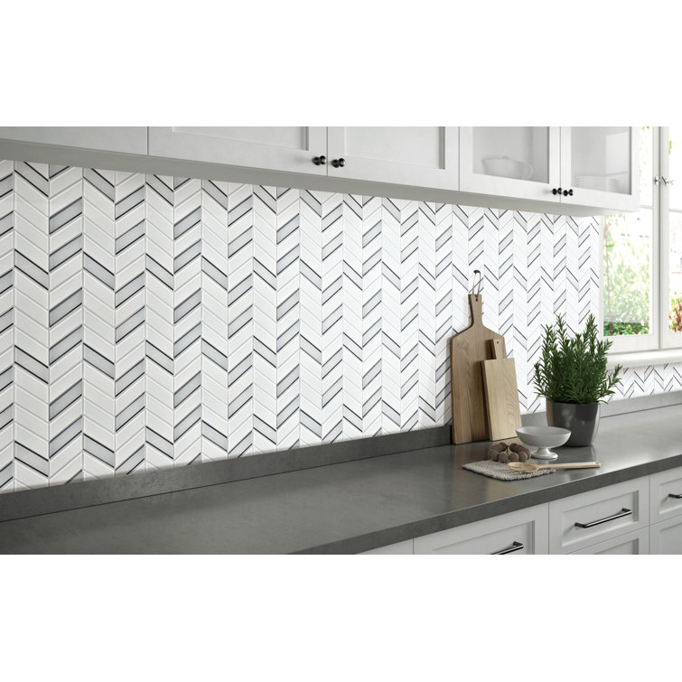 Silver and White Glass Chevron Mosaic Wall Tile