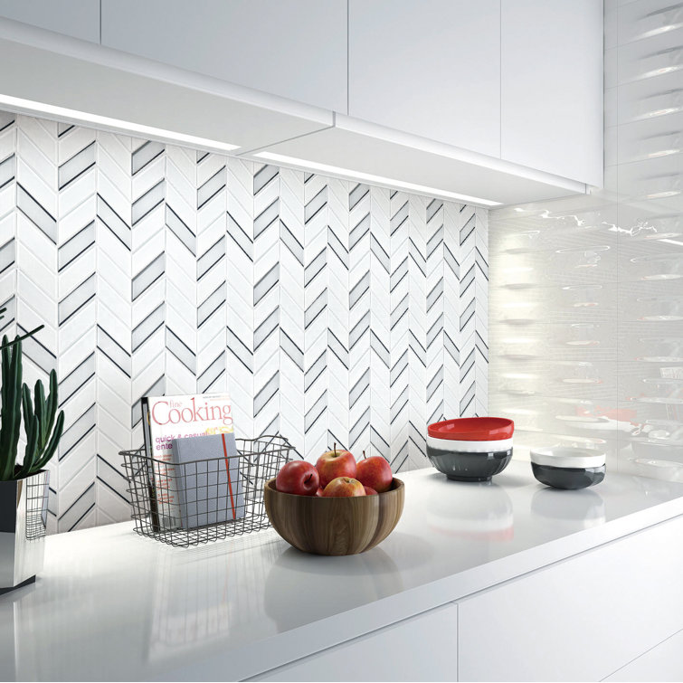 Silver and White Glass Chevron Mosaic Wall Tile