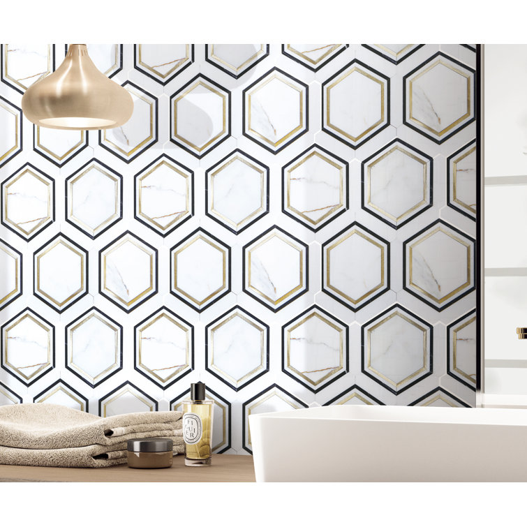 Calacatta Gold and Black Hexagon Mosaic Shower Tile