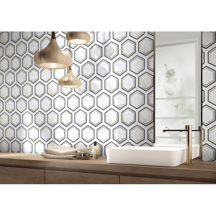 Calacatta Gold and Black Hexagon Mosaic Shower Tile