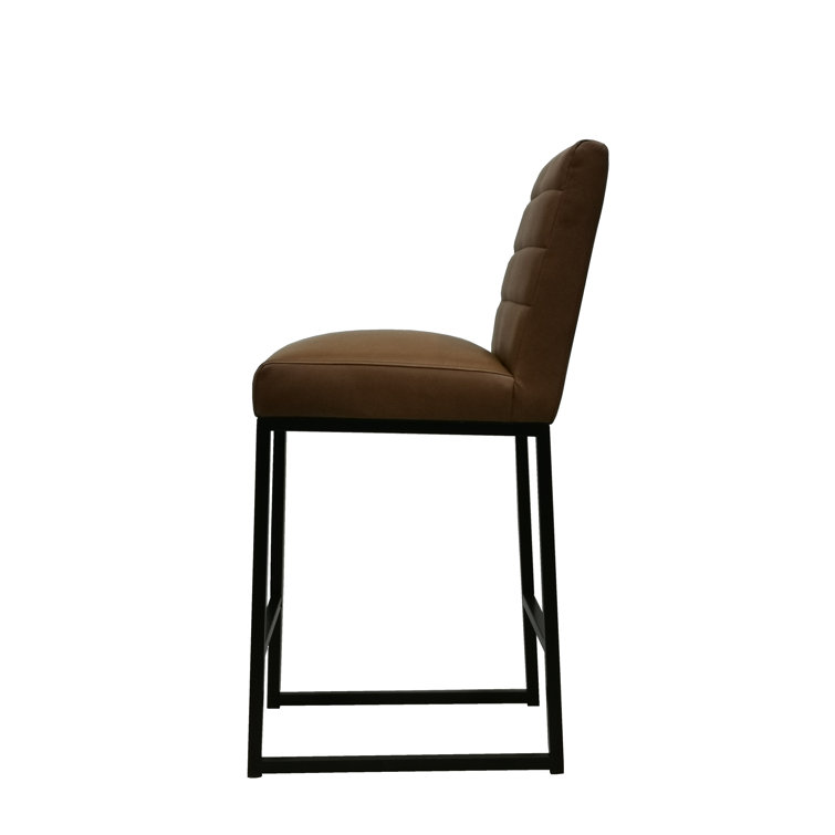 Cognac Brown Leather and Black Metal Swivel Counter Stool