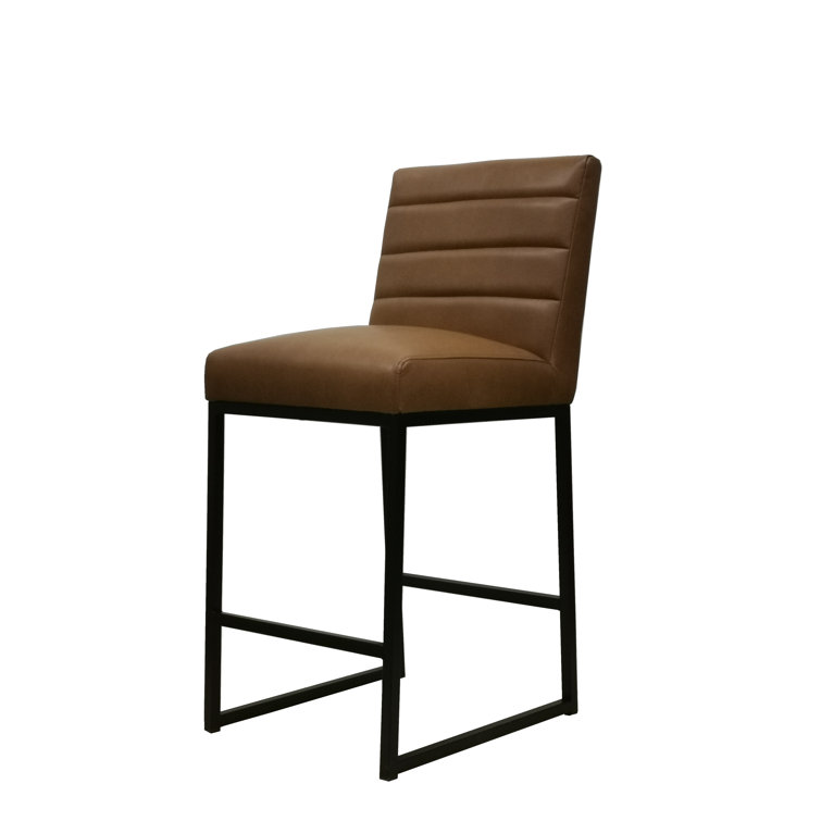 Cognac Brown Leather and Black Metal Swivel Counter Stool