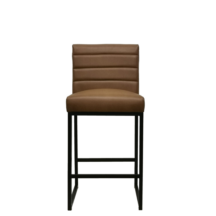 Cognac Brown Leather and Black Metal Swivel Counter Stool