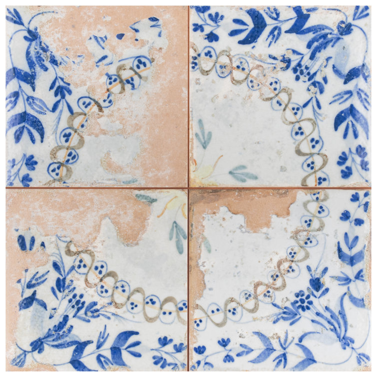 Kings Luxe Heritage 17.63" Blue and Beige Ceramic Patterned Wall & Floor Tile