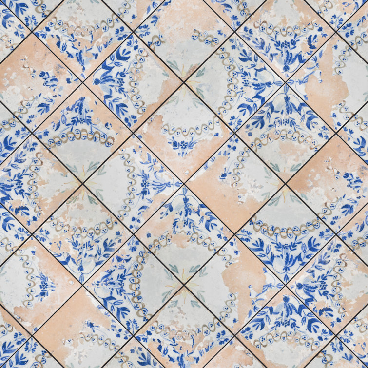 Kings Luxe Heritage 17.63" Blue and Beige Ceramic Patterned Wall & Floor Tile