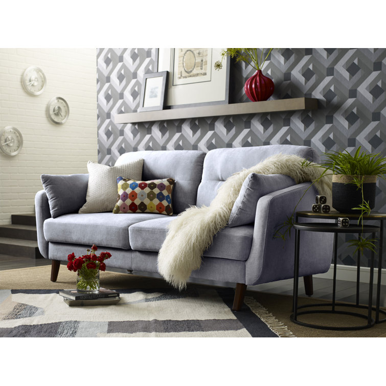 Light Gray Tufted Microfiber Track Arm Sofa with Wood Legs