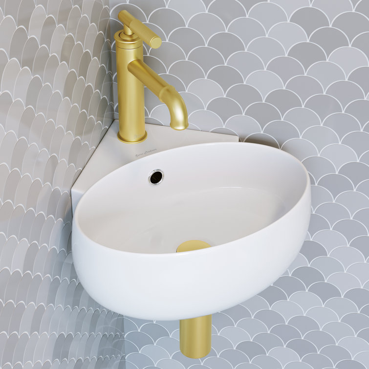 White Ceramic Corner Wall-Mount Vessel Sink