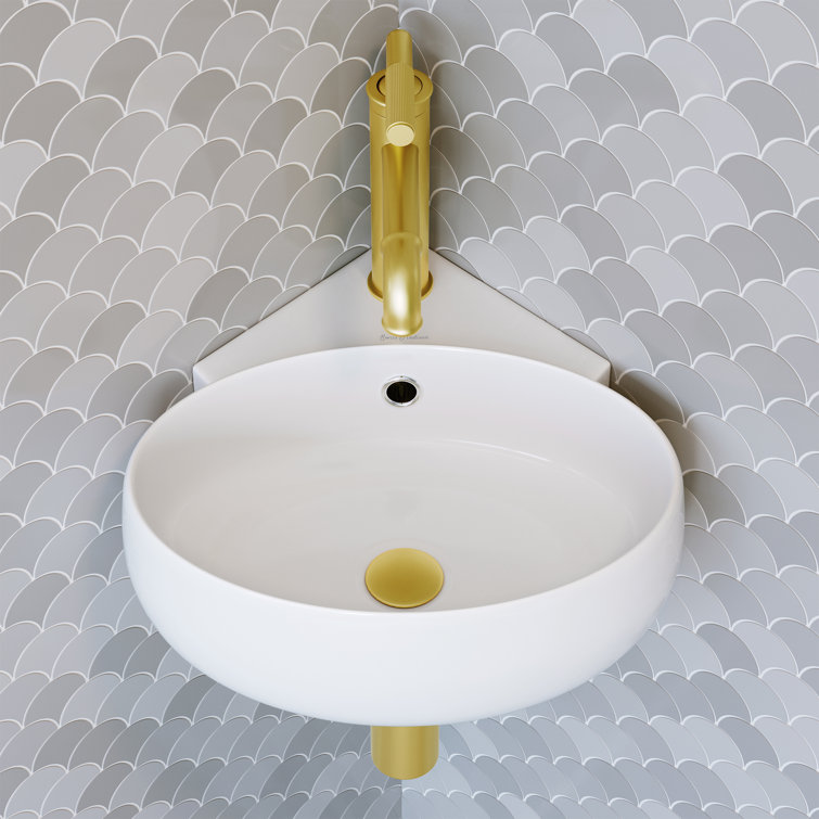 White Ceramic Corner Wall-Mount Vessel Sink