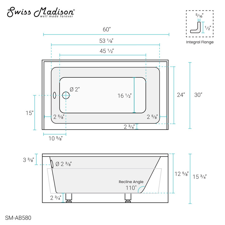 Virage 60" Glossy White Acrylic Alcove Bathtub with Apron