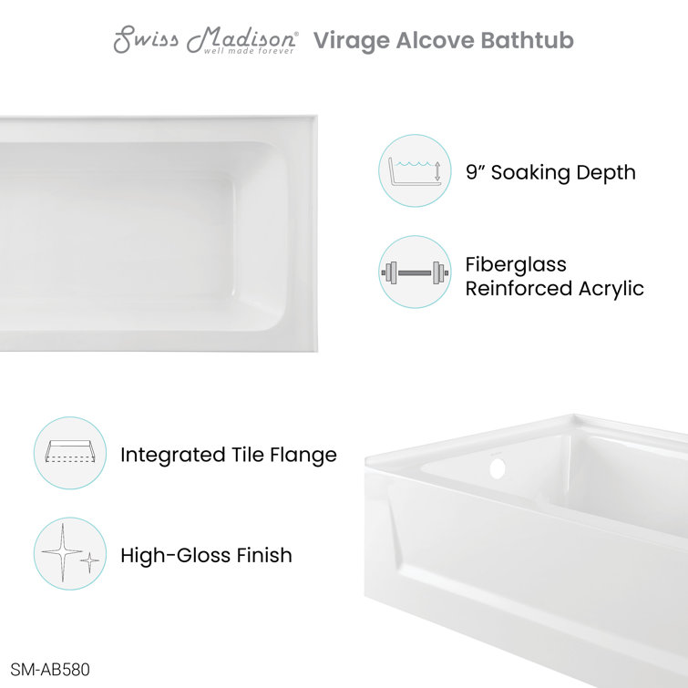Virage 60" Glossy White Acrylic Alcove Bathtub with Apron