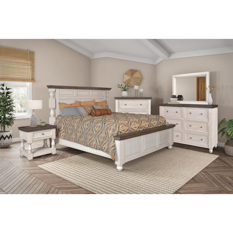 Rustic French 6-Drawer Double Dresser with Mirror in Distressed White and Brown
