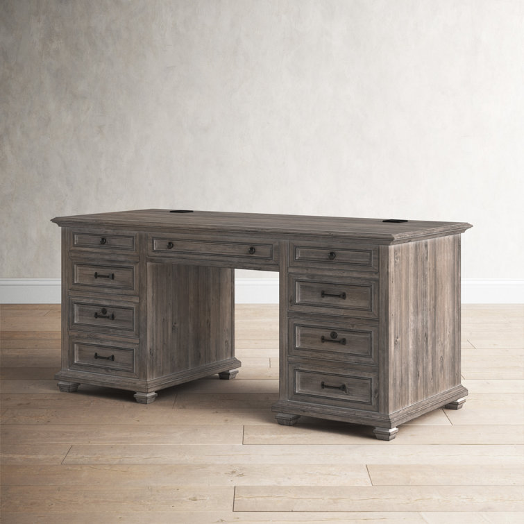 Transitional Dove Tail Grey Executive Desk with Power Outlet and Filing Cabinet