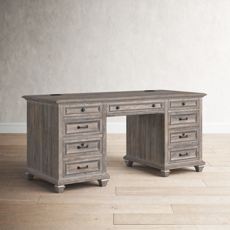 Transitional Dove Tail Grey Executive Desk with Power Outlet and Filing Cabinet
