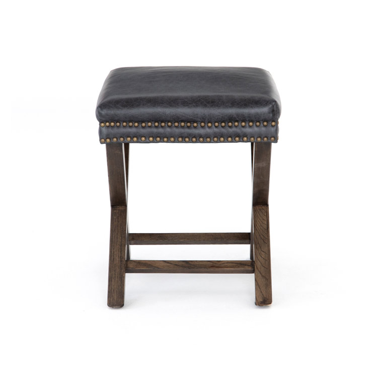 Durango Black Leather 20'' Modern Ottoman with Brass Nailheads
