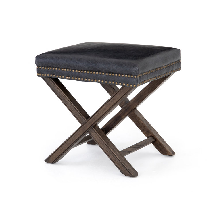 Durango Black Leather 20'' Modern Ottoman with Brass Nailheads