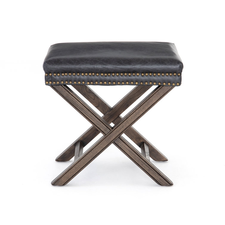 Durango Black Leather 20'' Modern Ottoman with Brass Nailheads