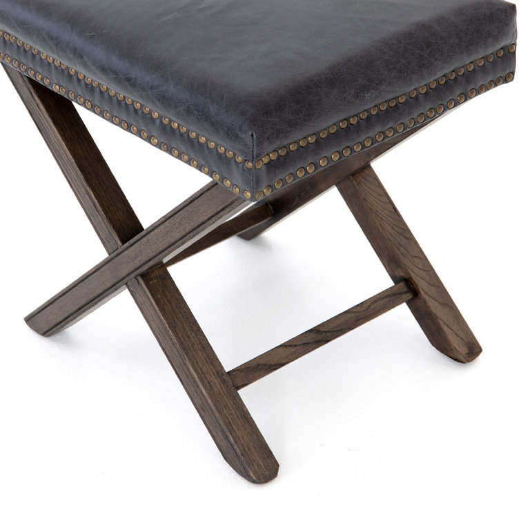 Durango Black Leather 20'' Modern Ottoman with Brass Nailheads