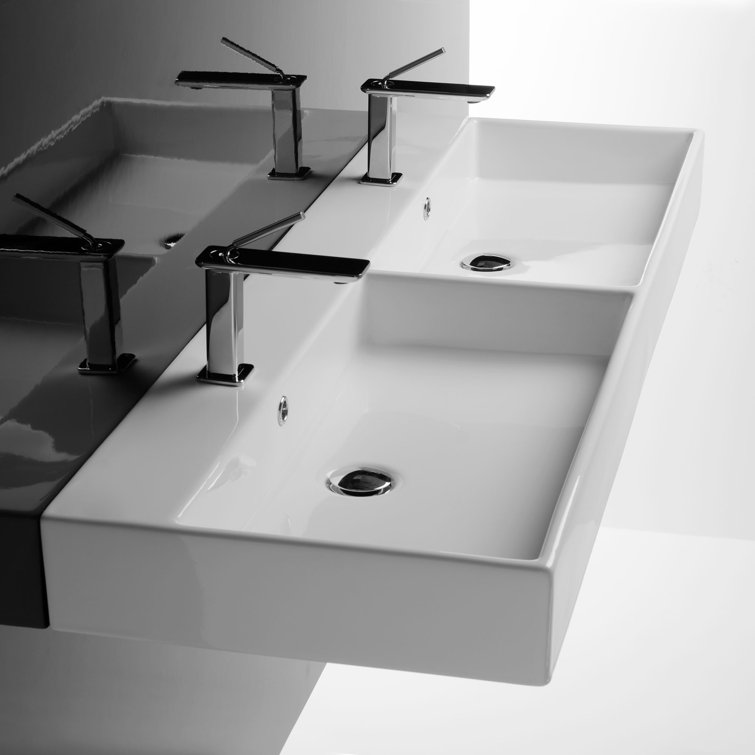 Glossy White Ceramic Wall-Mount Rectangular Bathroom Sink