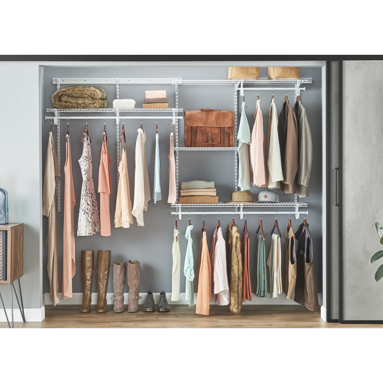 White Adjustable Wire Closet Organizer System with Shelves and Rods